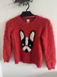 C&A fluffy bright red sweater with french bulldog 122-128 cm