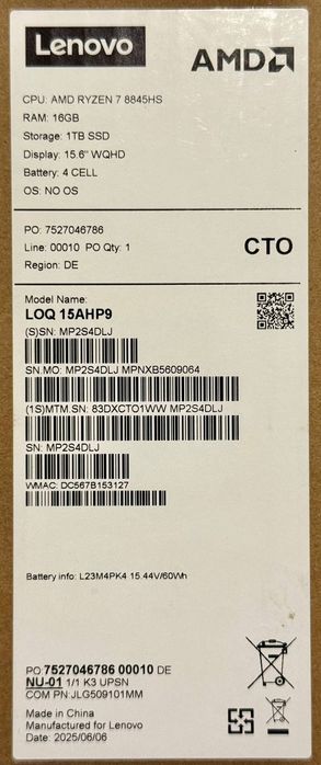 Новый игровой ноутбук Lenovo-LOQ-15 (Ryzen7-8845HS/RTX4050-6Gb-105W)