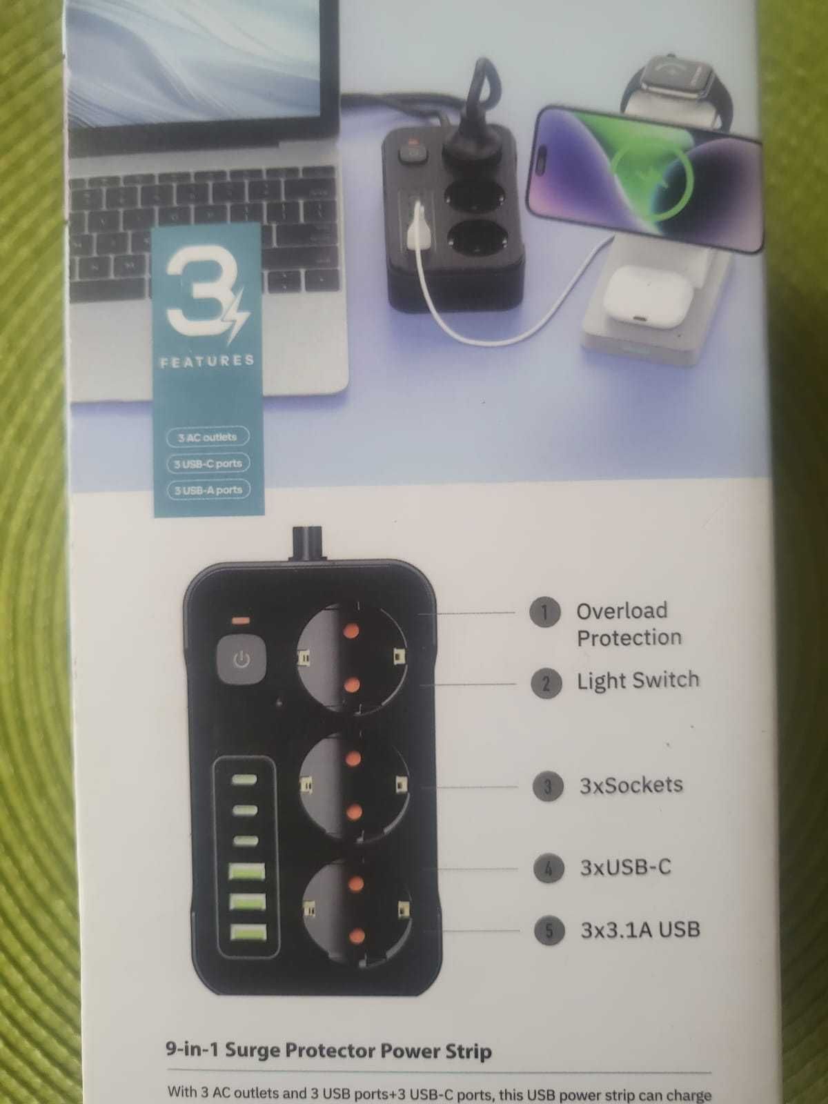 Przedłużacz, listwa wielogniazdowa, zasilacz, 2 m. USB A i C. Nowy!