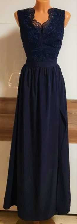 granatowa sukienka maxi z rozcięciem rozmiar 36
