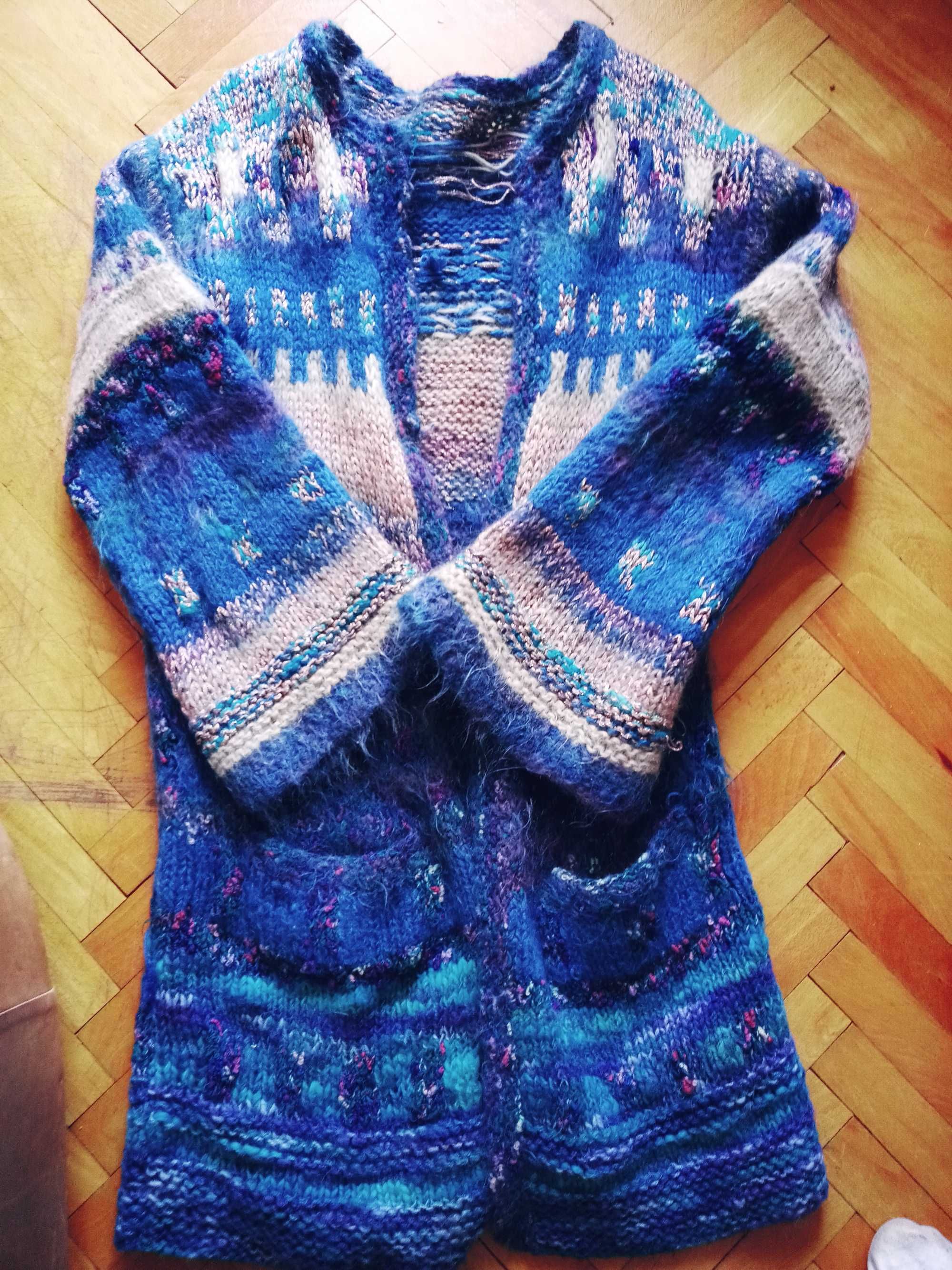 Długi sweter , handmade, wełna , boucle