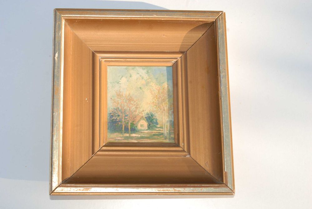 Stary mini obraz krajobraz z ramką drewnianą ręcznie wykonany antyk