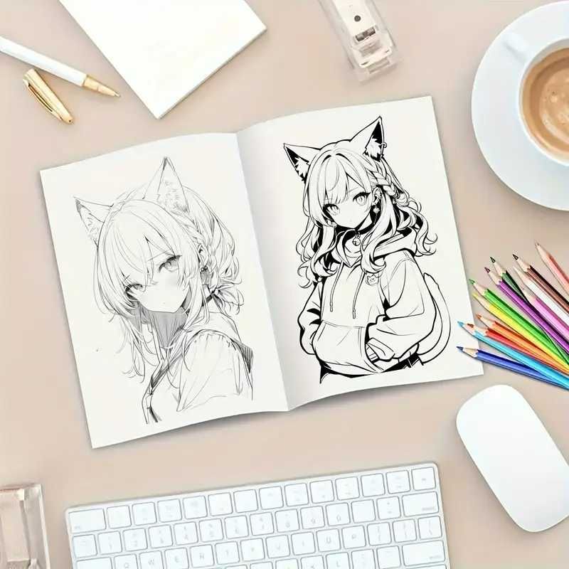 Słodka dziewczyna kot anime kolorowanka