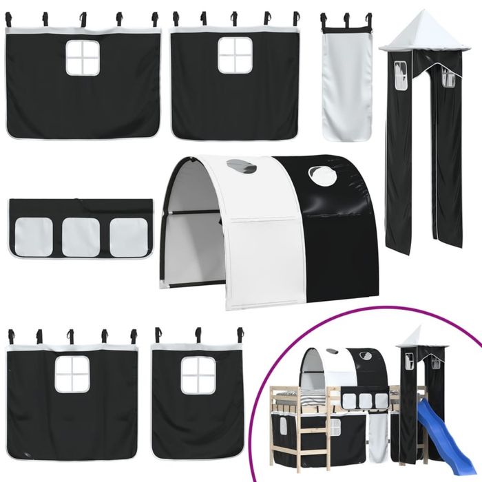 Zasłony, tunel i wieża do łóżka piętrowego, biało-czarne