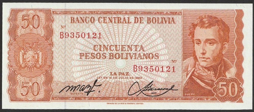 Boliwia 50 pesos bolivianos 1962 - Antonio Sucre - stan UNC