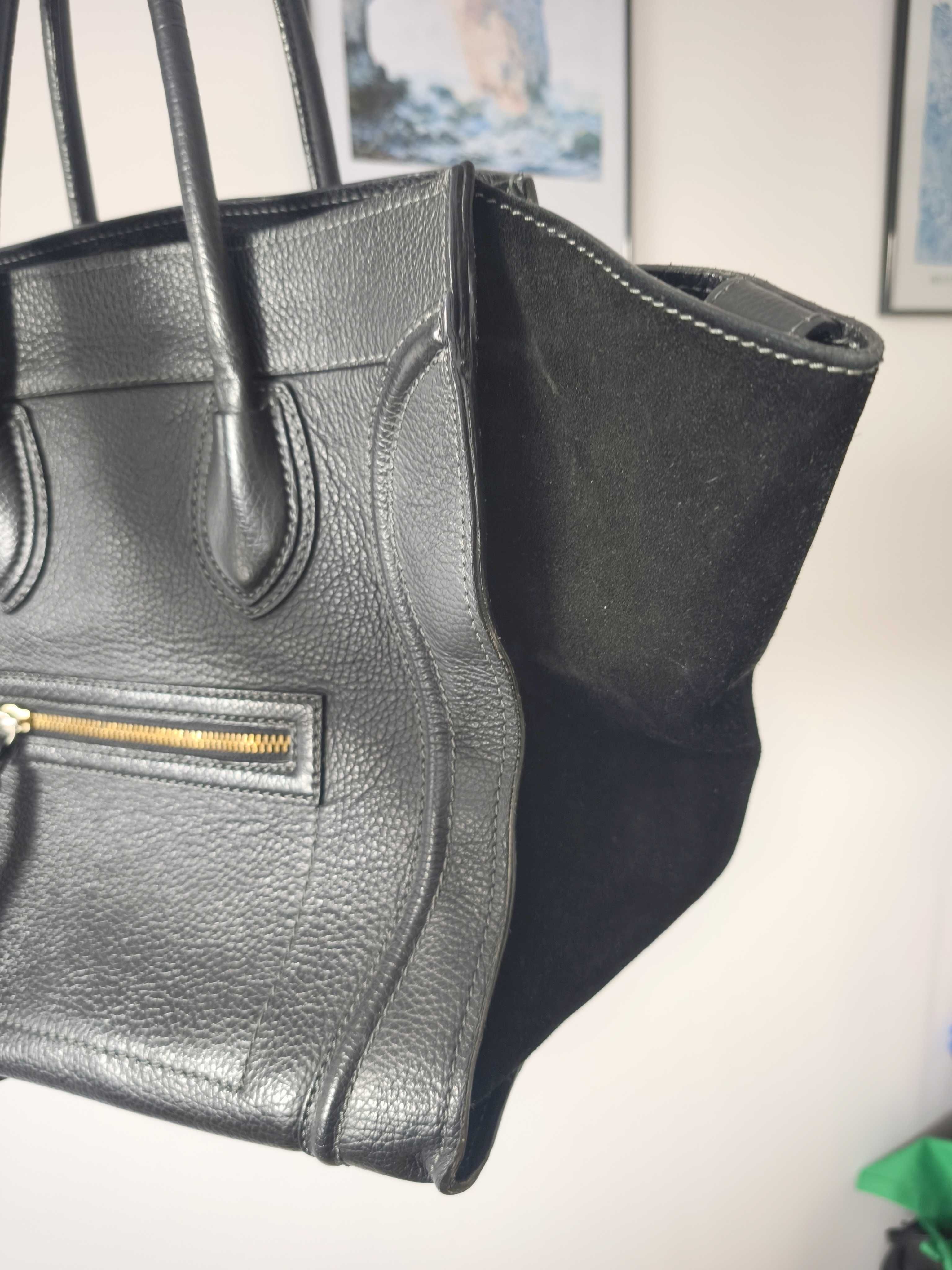 Skórzana torba shopper czarna skóra + zamsz premium trapez duża
