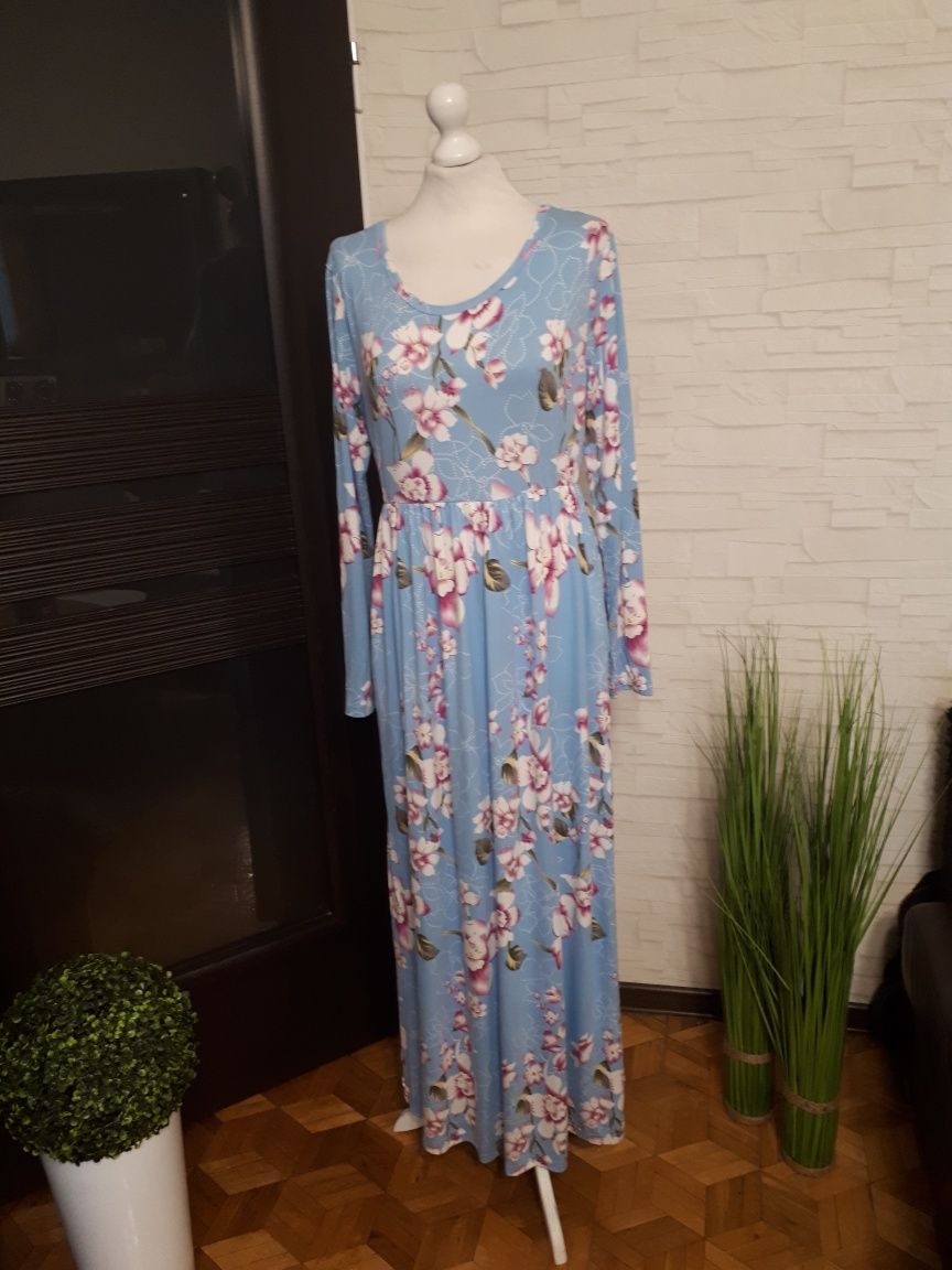 Nowa sukienka w pięknym błękitnym kolorze w kwiaty m-ki Hao Meili, r.4