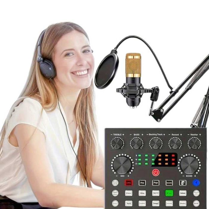 Conjunto de Microfone e Placa de Som Novos e Profissionais