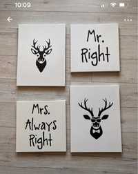 Obraz Zestaw bialych obrazów na płótnie Mr Right Mrs Always Right