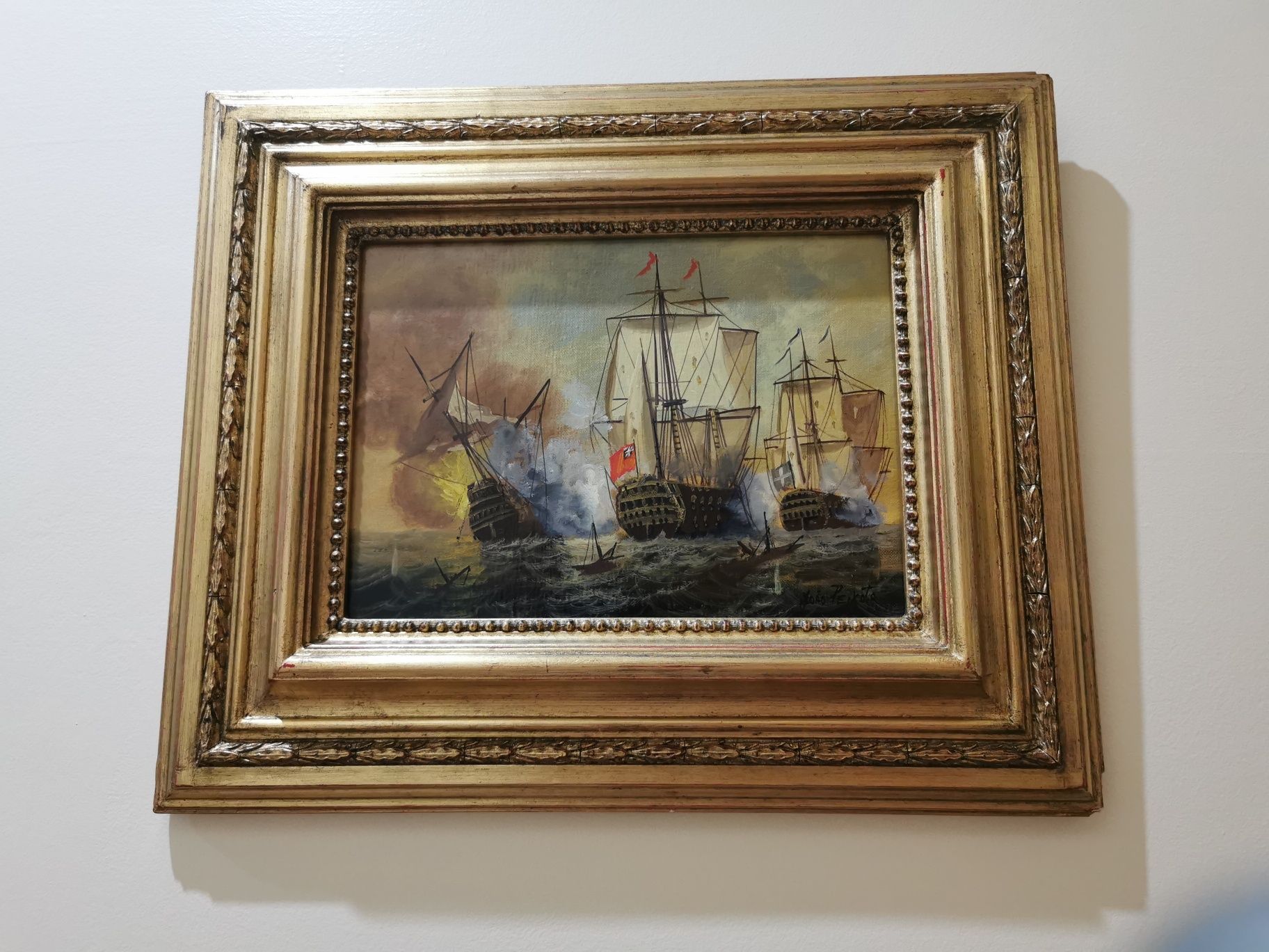 Quadro óleo original batalha naval pintor João Peixoto