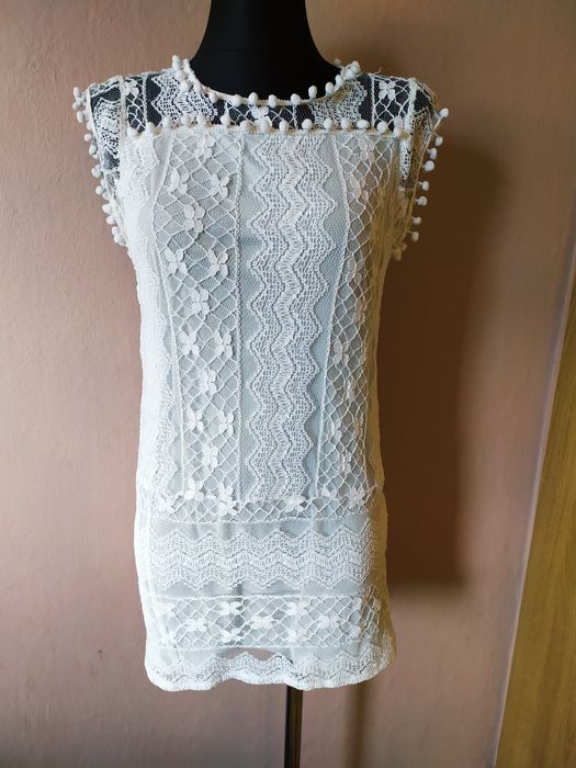 Biała koronkowa sukienka Boho koronka S/M 36/38 koronka narzutka