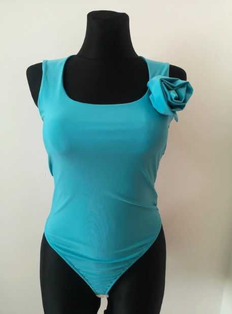 Damskie body z kwiatem, różą, turkusowe, dopasowane, elastyczne