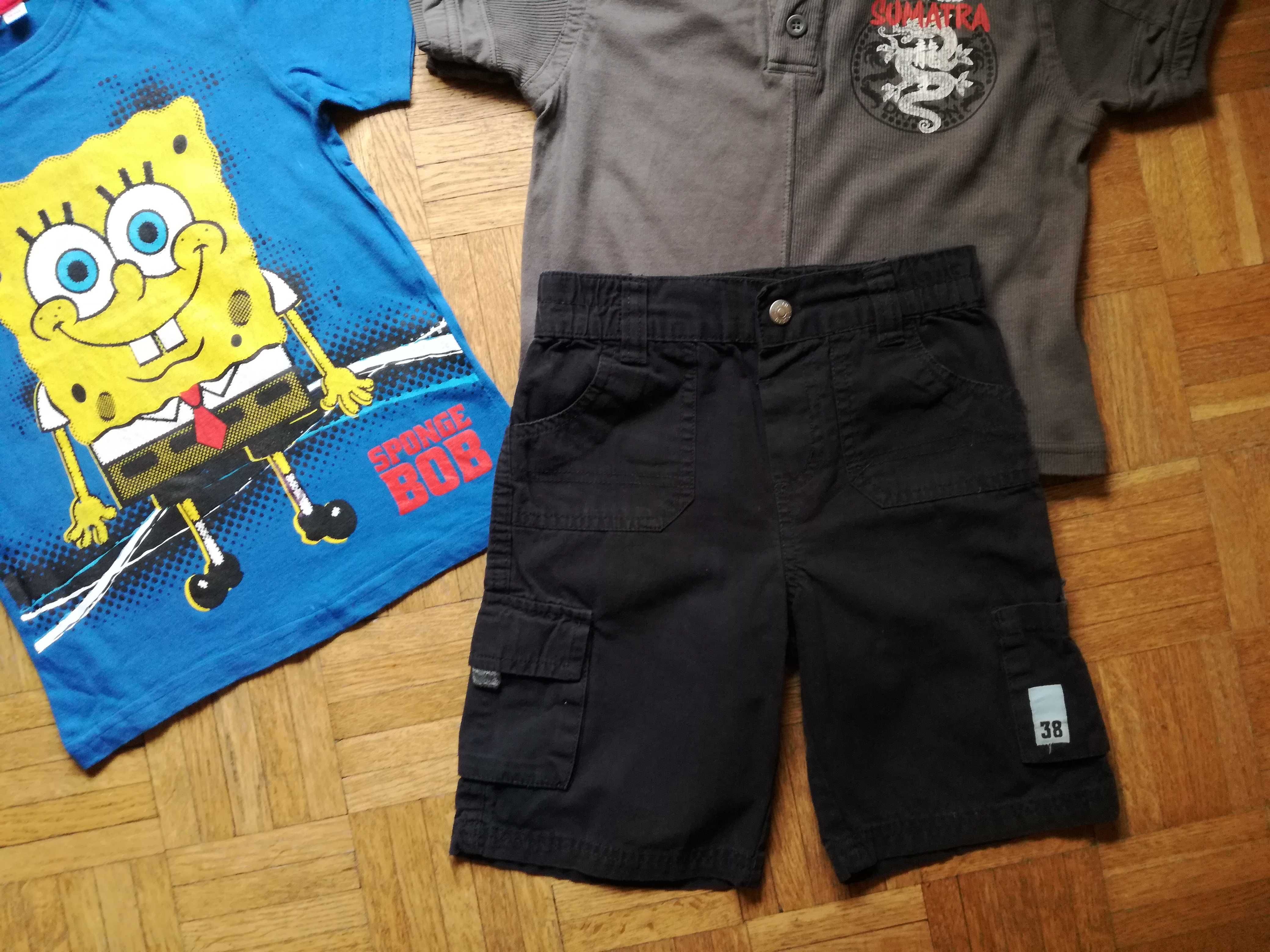 Komplet: t-shirt Sponge Bob i polo Benetton + czarne szorty,  98-104