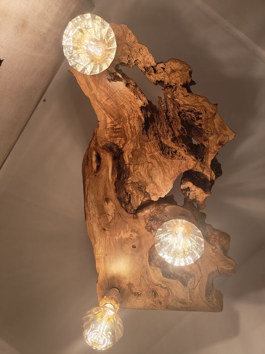 Lampa wisząca z korzenia drzewa oliwnego sznur jutowy Unikat Handmade