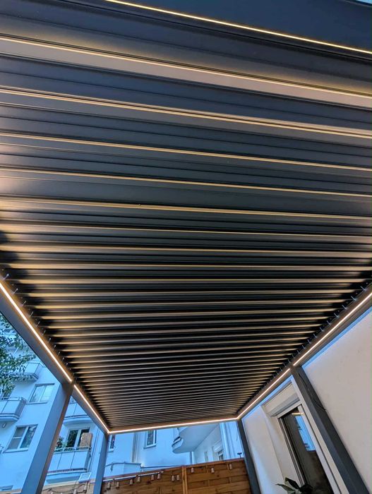 Pergola tarasowa bioklimatyczna 6×3 m, elektryczne lamele, 4 rolety