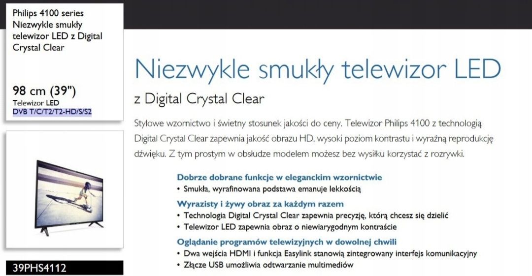 TV LED Philips 39 cali  39PHS4112/12 telewizor crystal 40 cali