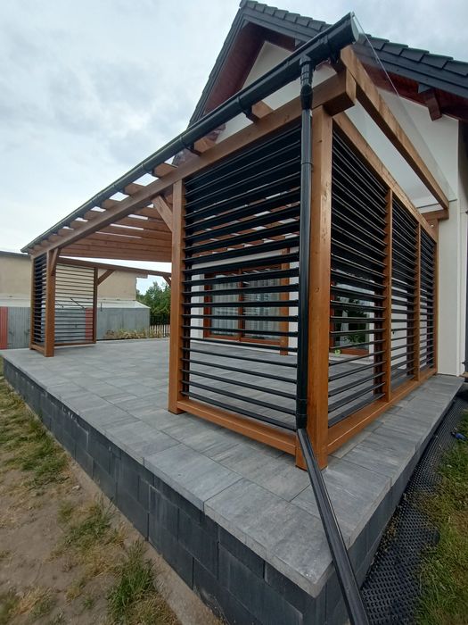 Pergola drewniana • taras • poliwęglan lub gont • pełne deskowanie