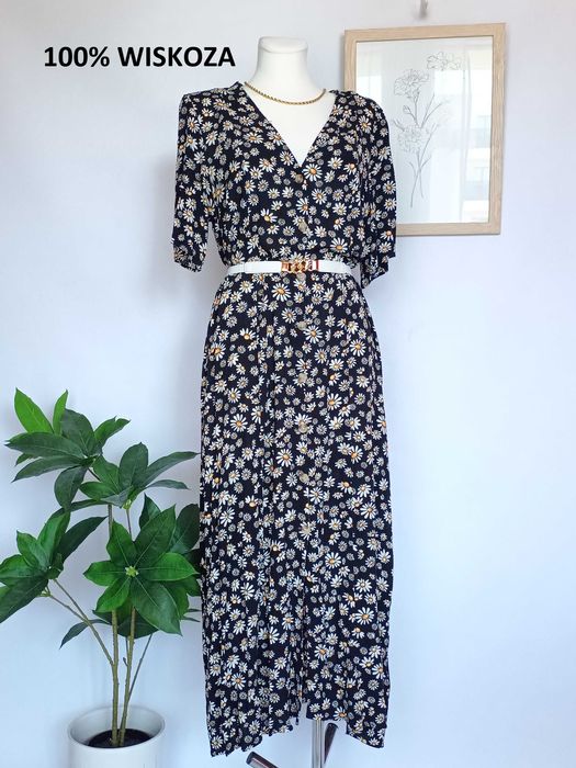 Czarna sukienka długa kwiatowa szmizjerka 100% wiskoza Monki 38 M