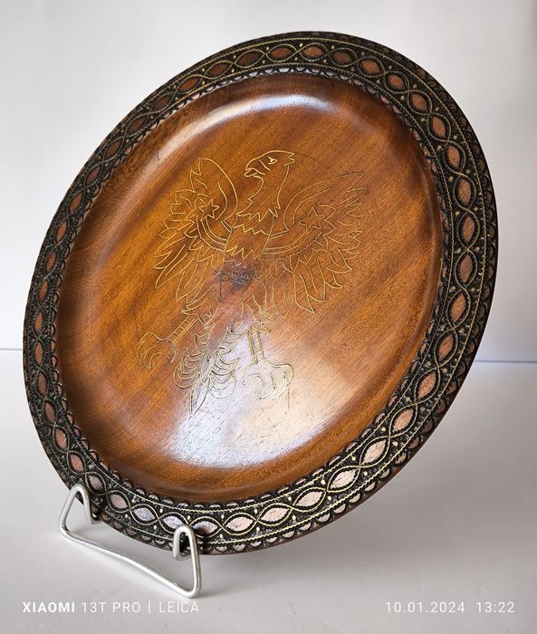 Talerz ozdobny orzeł drewniany rzeźbiony Cepelia rękodzieło  PRL 29 cm