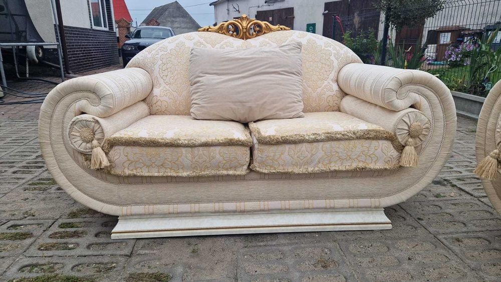 Sofa włoska 3+2 Chesterfield Antyczna Funkcja spania złota zestaw