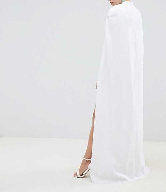 ASOS DESIGN 36/38 biała długa suknia maxi z peleryną CUDO luksusowa