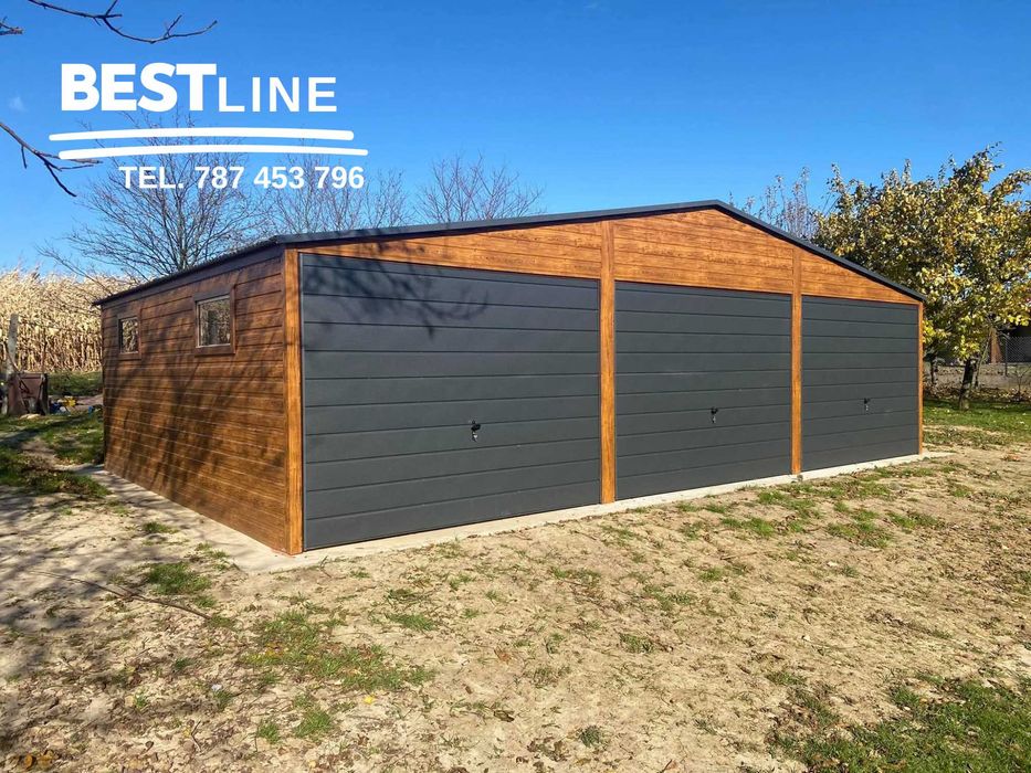Garaż blaszany 9x6 drewnopodobny/grafit - konstrukcja OCYNK