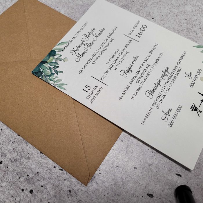Zaproszenia ślubne Z KALKĄ, zielone liście, eko, rustykalne