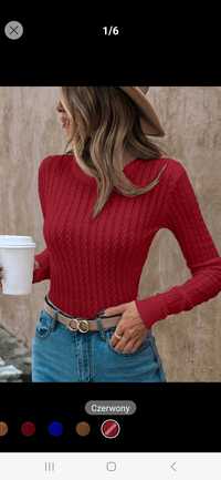Nowy sweter czerwony damski sweterek pleciony obcisły 34 xs bordowy