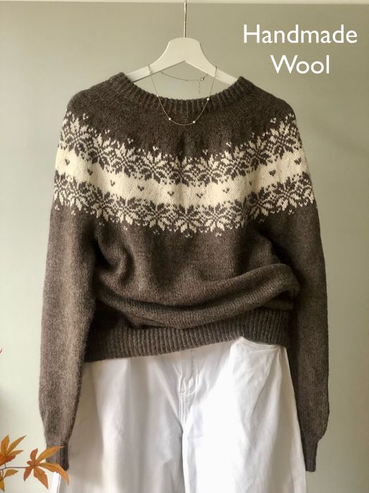 Damski sweter welniany czekoladowy ręcznie robiony norweski wzor XL L