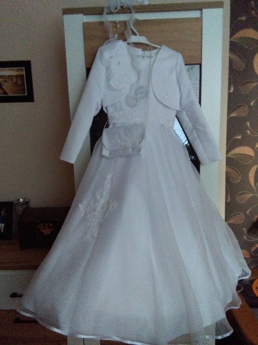 Komunia, sukienka, rozm. 128 plus torebka, bolerko, wianek