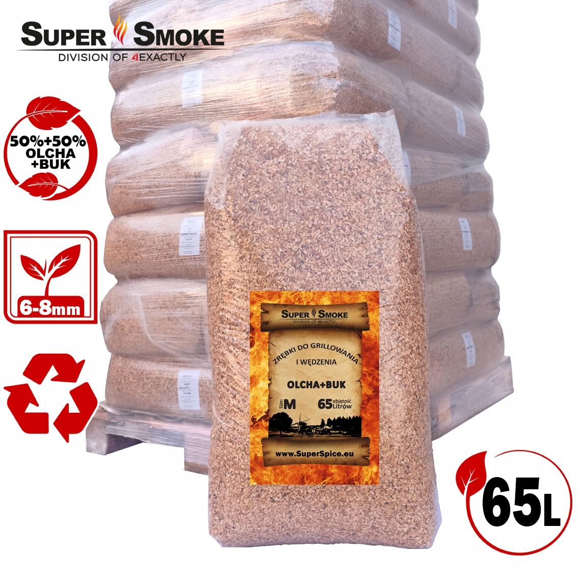 Zrębki Wędzarnicze SuperSmoke OLCHA+BUK KL-08 (6-8mm) Medium 65 Litrów