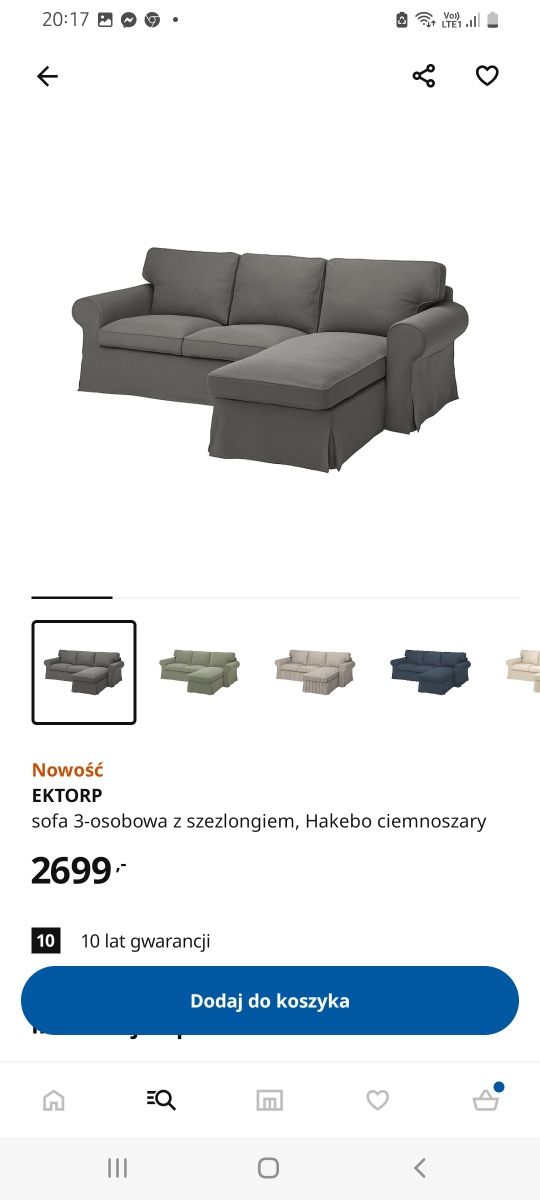 Ikea ektorp kanapa z szezlongiem szary