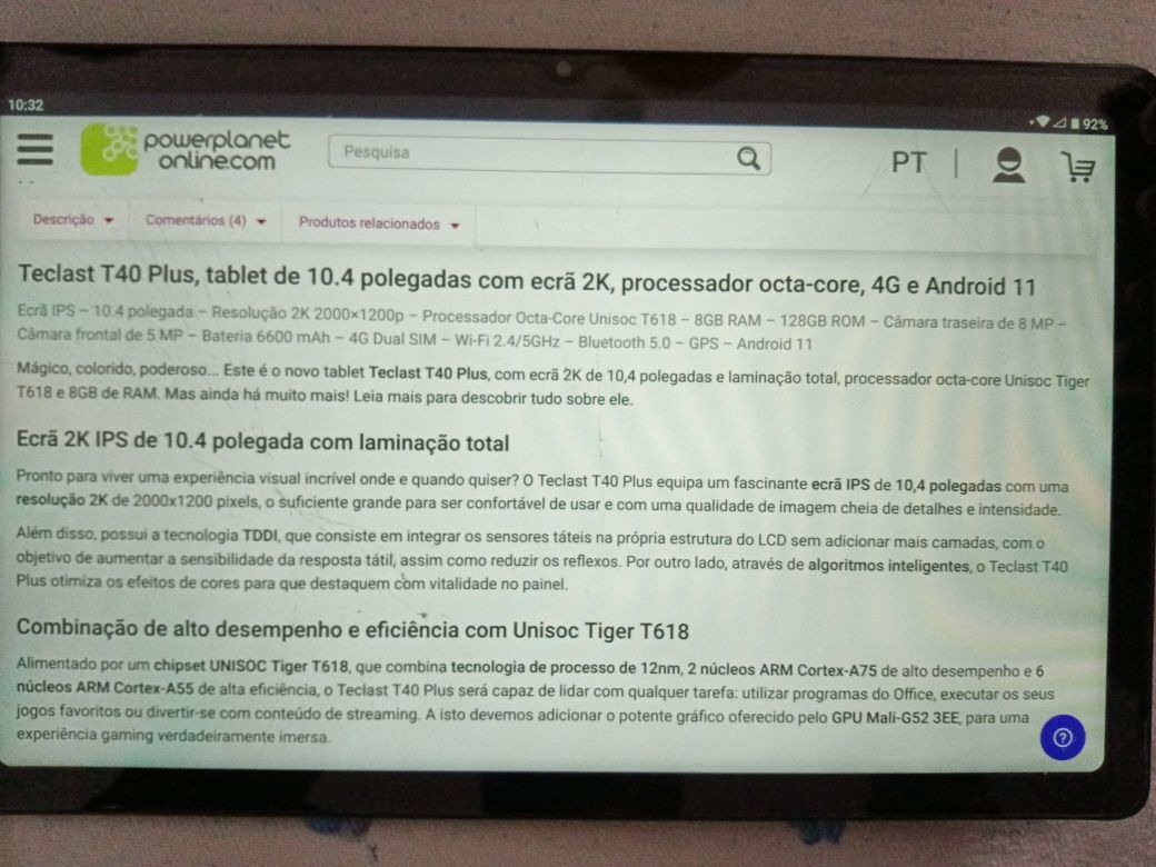 Tablet Teclast T40 plus - Ecrã 2K