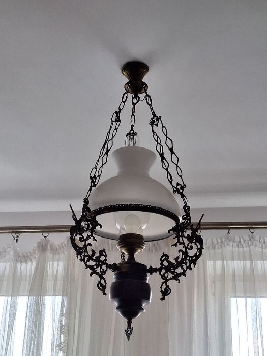 Żyrandol retro, mosiądz, drewno