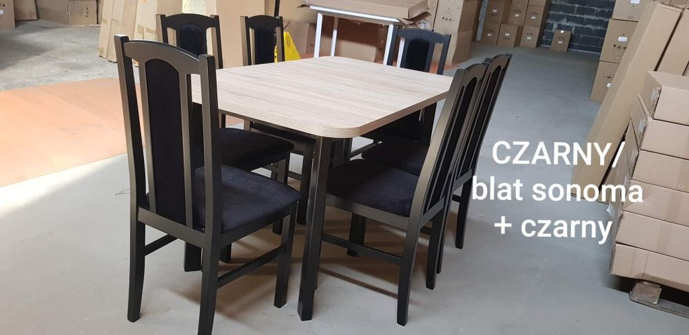 Nowe: Stół + 6 krzeseł, czarny/blat sonoma + czarny , dostawa cała PL