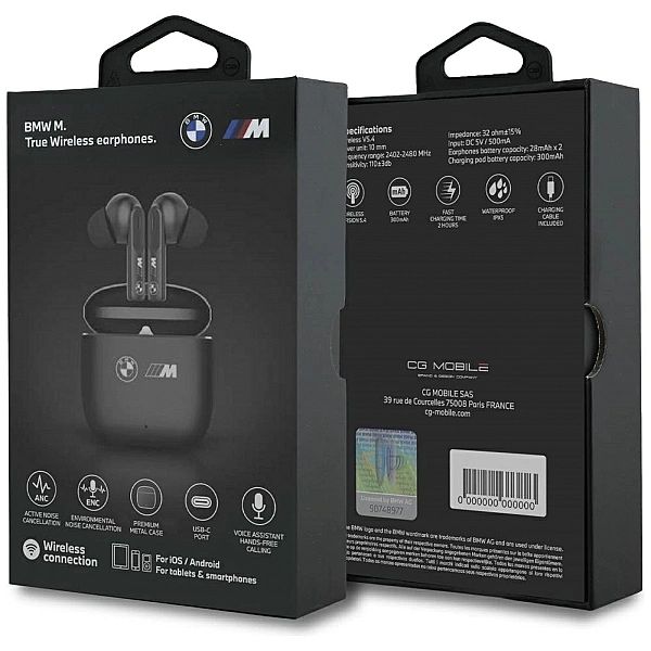 Słuchawki BMW M Metal M Logo Print ANC-ENC TWS Bluetooth - czarne
