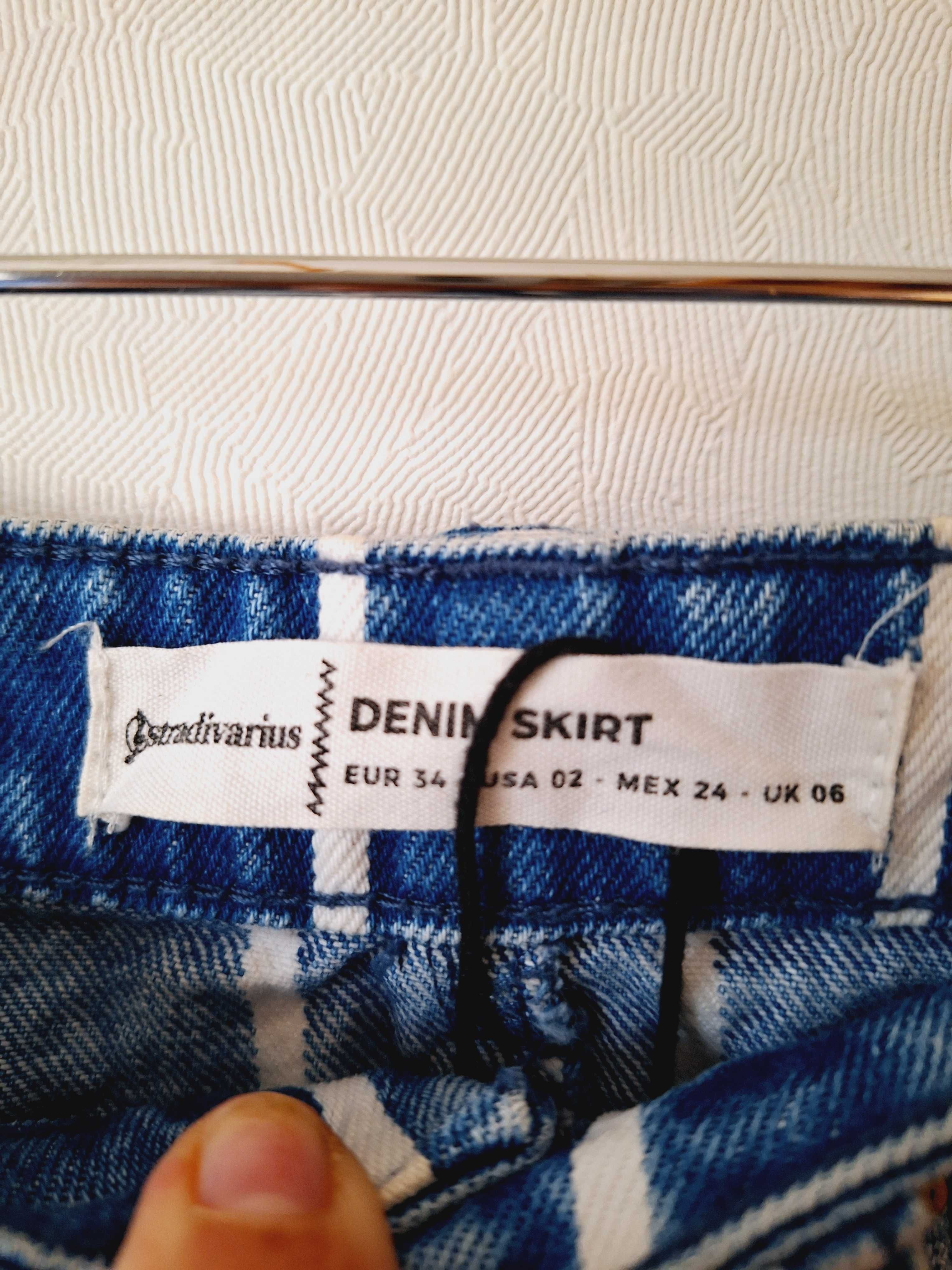 Spódnica jeansowa XS 34 niebieska białe paski denim 100% bawełna