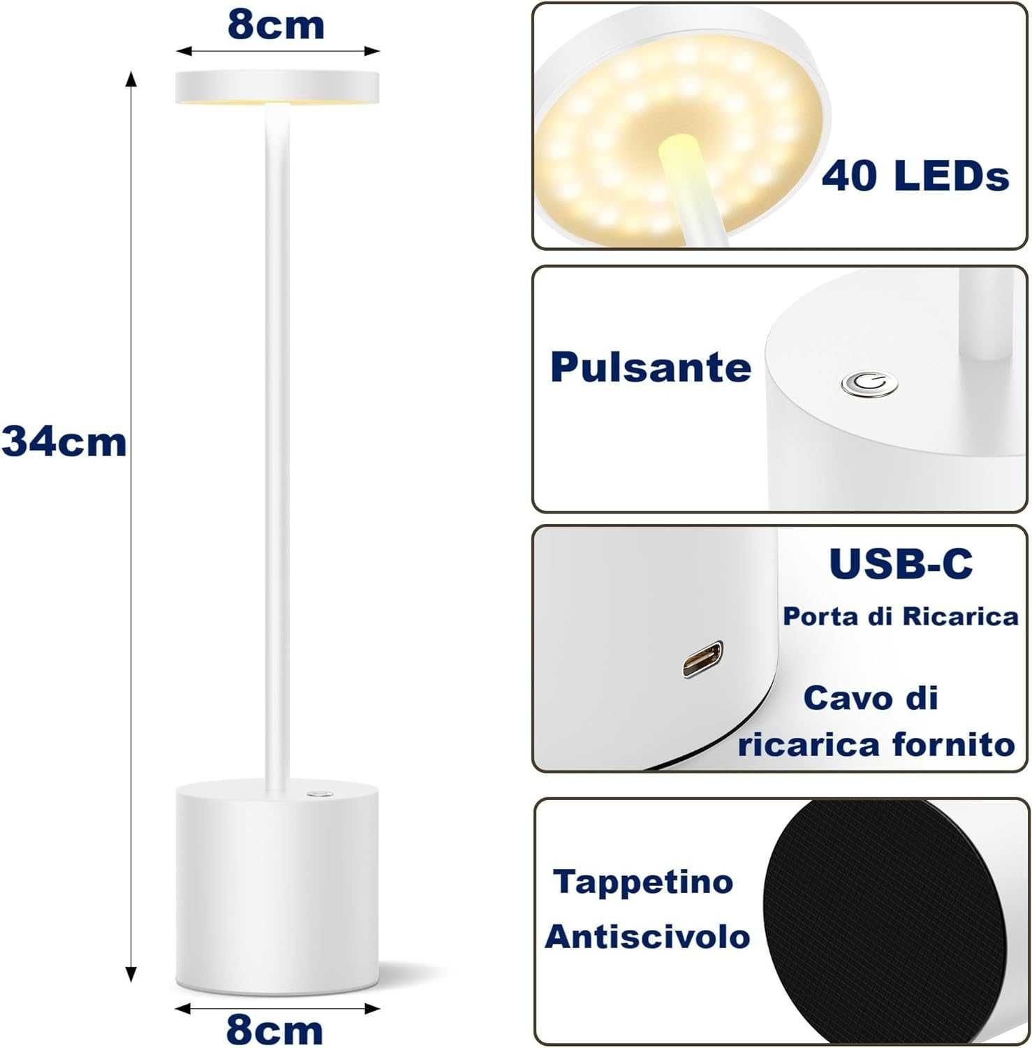 300 Bezprzewodowa biała lampa nocna LED IP54 USB-C przyciemniana