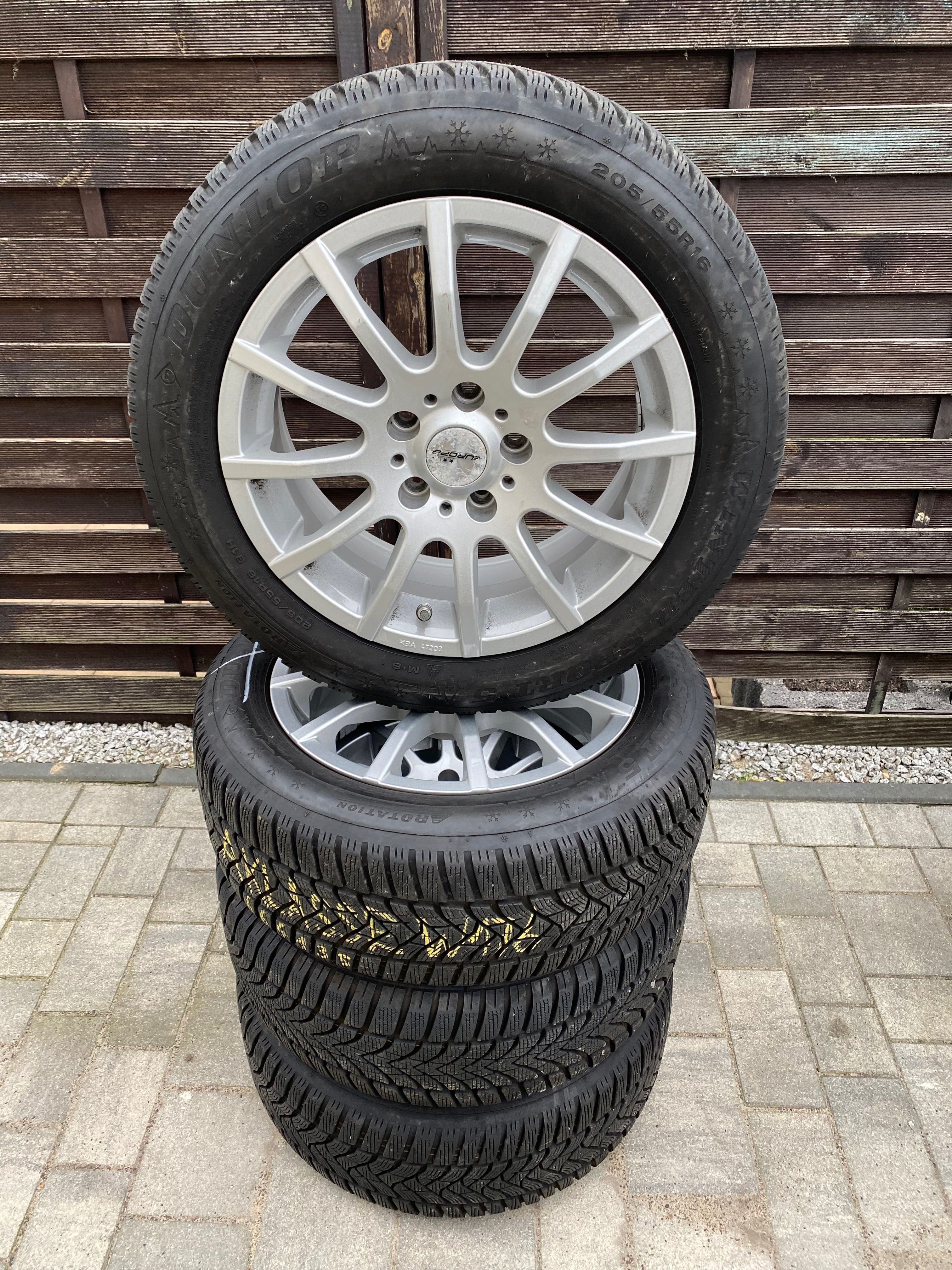 Koła aluminiowe 5x112 ET48 7.0Jx16” opony 205/55R16 zima Dunlop