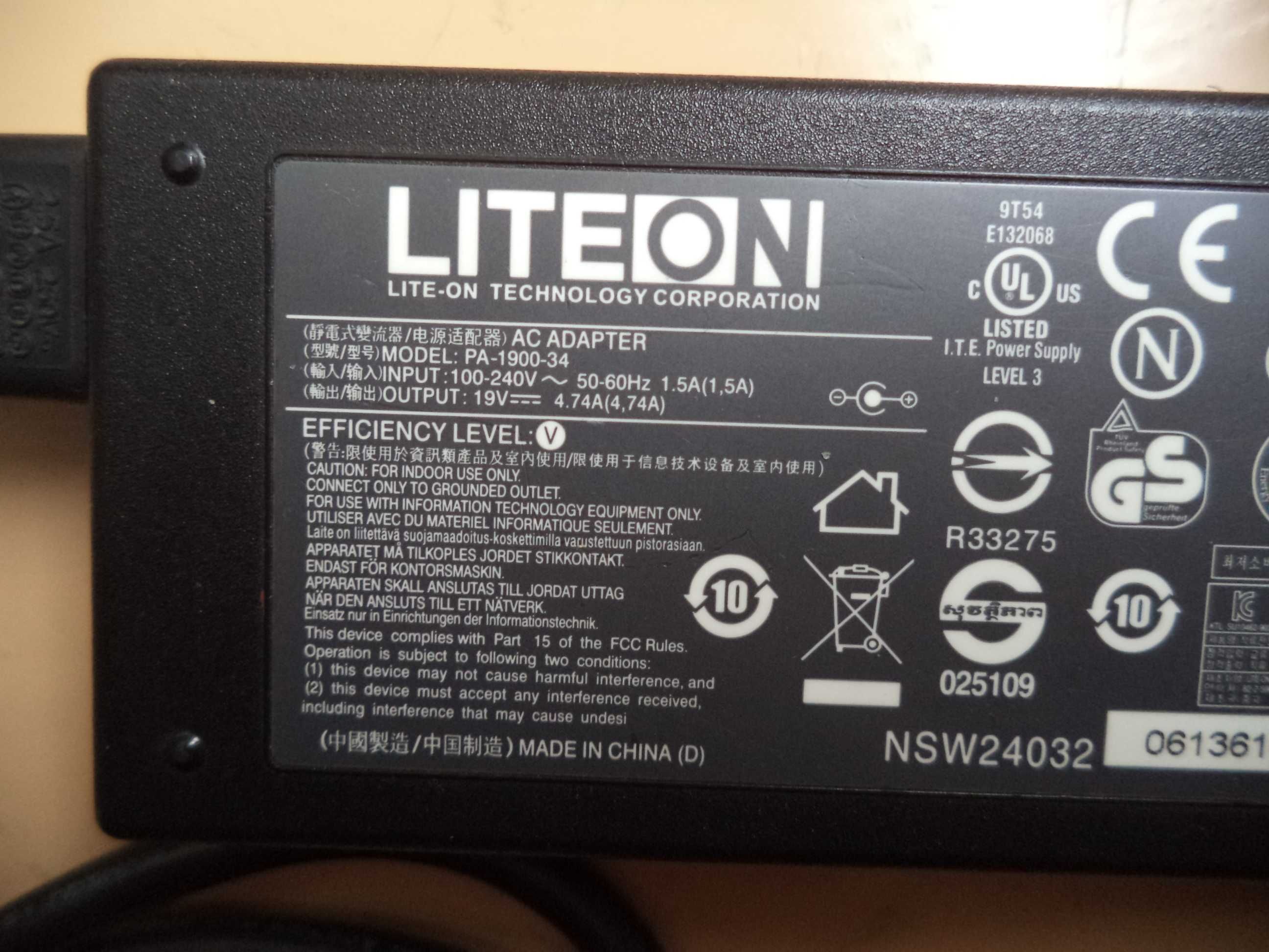 АС Адаптер (блок питания) LITEON мод. РА- 1900-34 и сетевой кабель