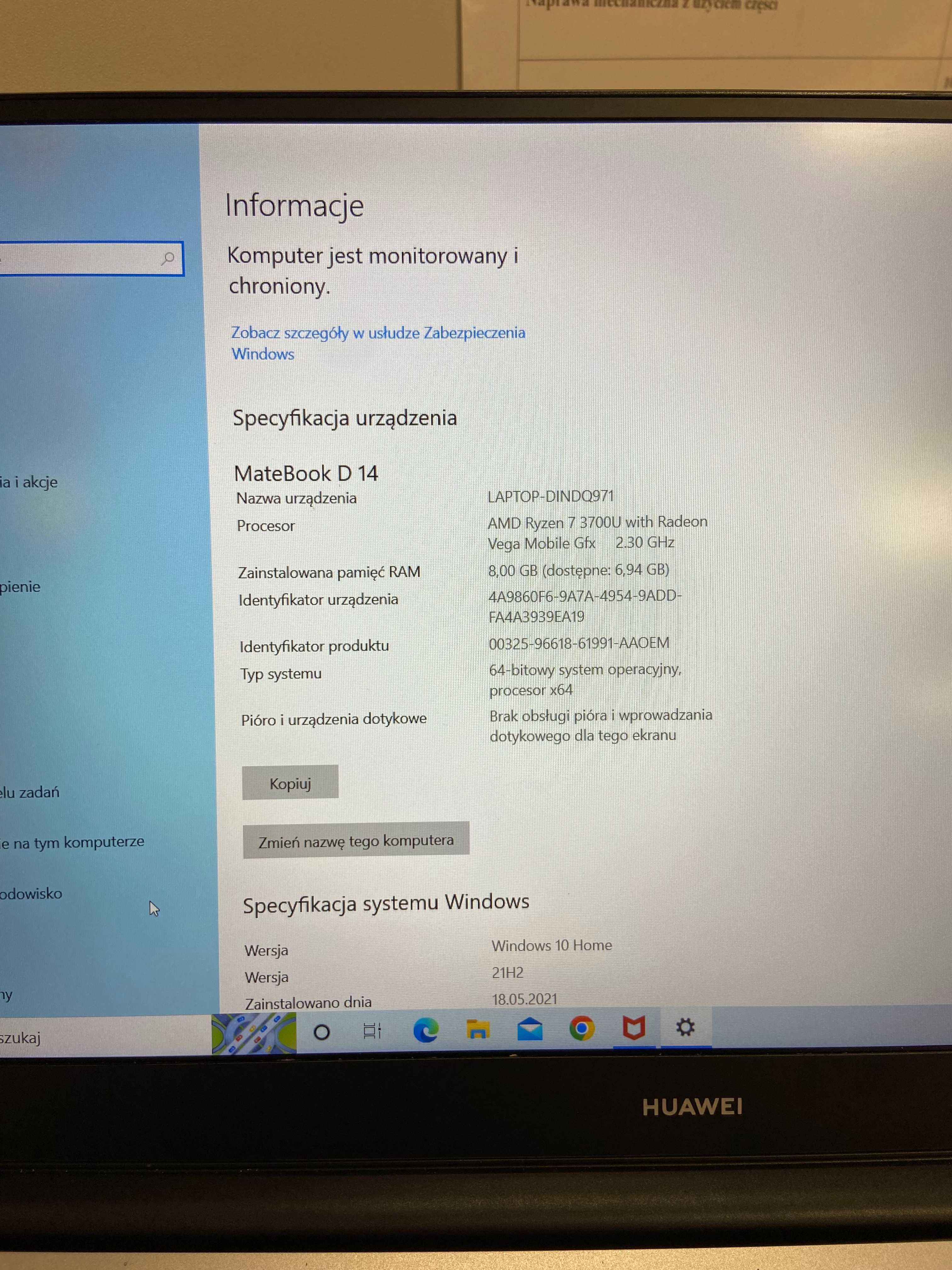 Laptop HUAWEI MateBook 8/256 Gb Ryzen 7 2020