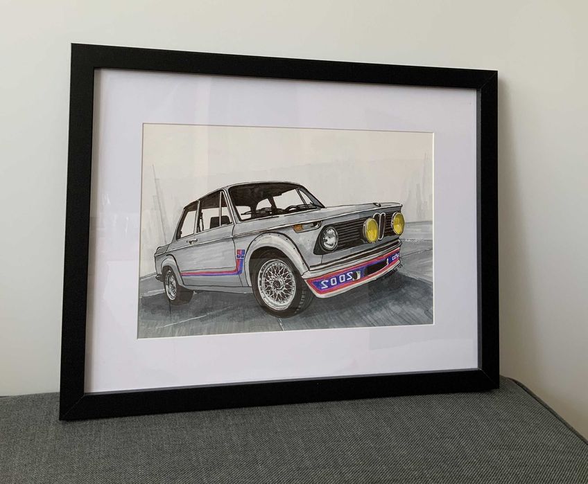 Obraz grafika 21x30cm BMW e10 2002 turbo oprawiony, ręcznie malowany