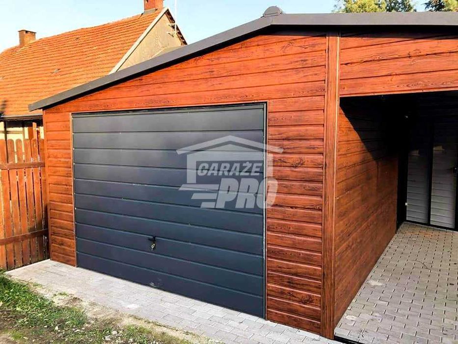 Garaż blaszany 4x6 + wiata 3m. Brama Drzwi - Blachodachówka GP88