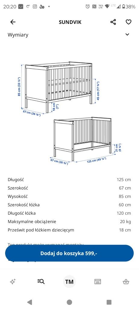 Łóżeczko dziecięce sundvik, Ikea