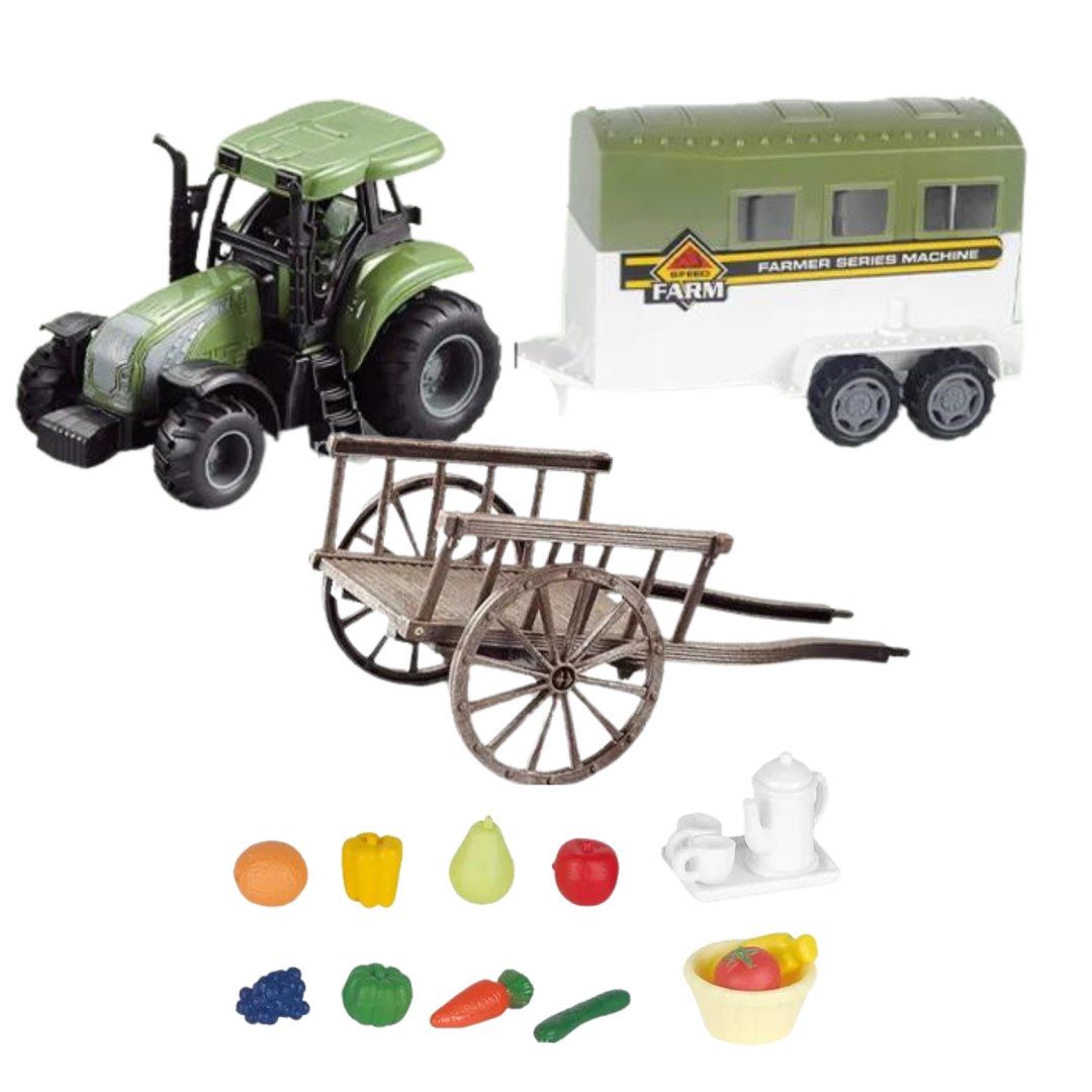 zestaw farma rolnika domek gospodyni traktor zwierzęta narzędzia akc