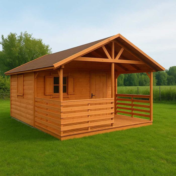 Domek drewniany z tarasem 4x5m  rekreacyjny. Idealny na działkę do 35m