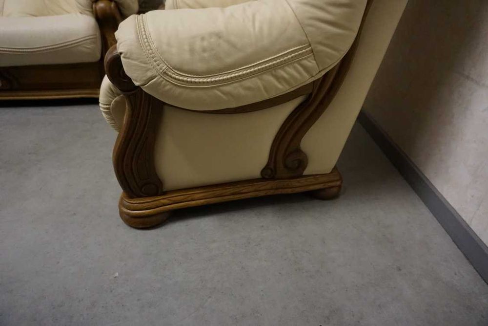 Zestaw na Stelażu Dębowym 3+1 Skóra Naturalna Jasna + Szuflady w-1116