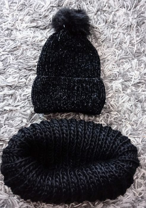 Nowy komplet czapka z kominem czarny damski