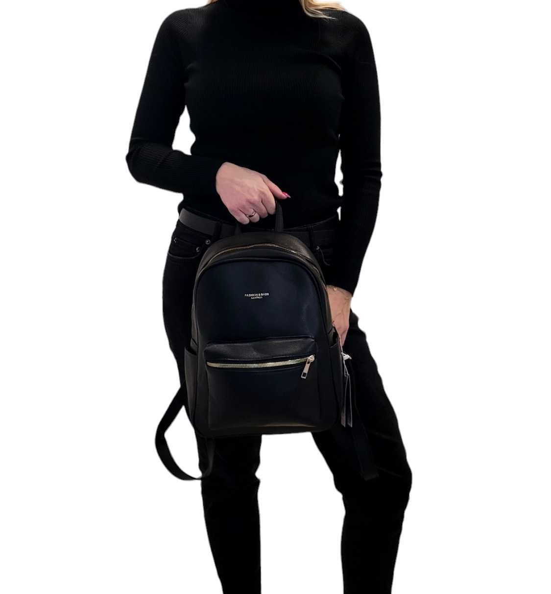 Damski Plecak Torebka Fashion&Bags Leather-kieszeń - Czarny ekoskóra