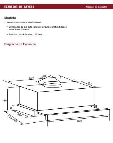 Exaustor de Gaveta 60cm Inox- filtro carvão - 350m3/h